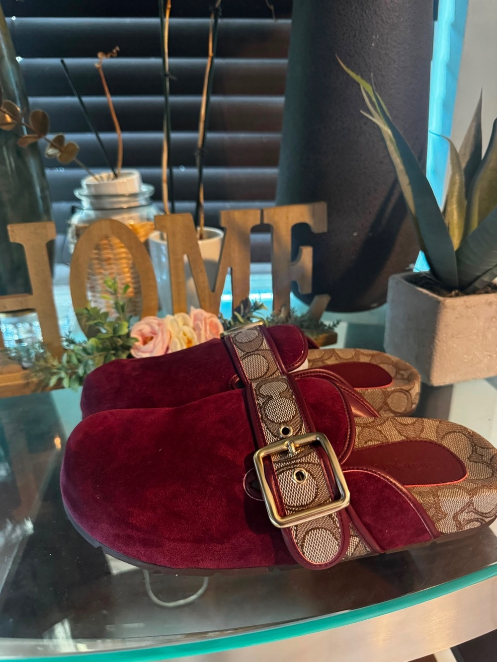 Coach  Burgundy Suede Slide Mules with Signature Logo Strap